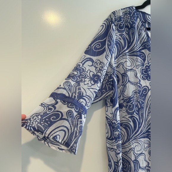 Susan Graver Style Pullover Top Sheer Plus 1X Blue White Swirl Chiffon Tunic Top - Picture 3 of 10